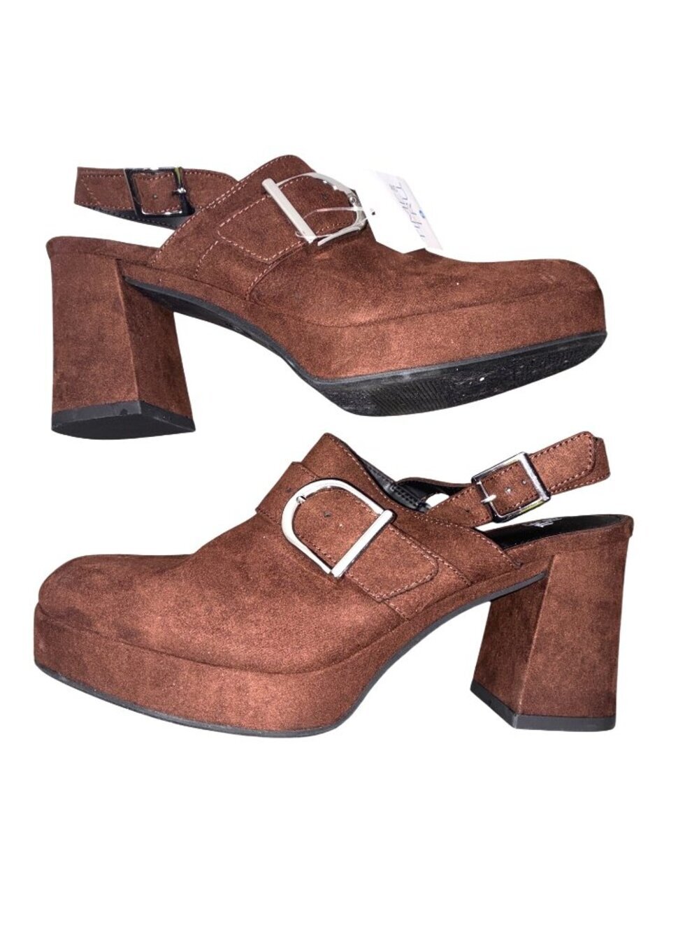Time And Tru Brown Faux Suede Platform Block Heel Slingback Shoes Size 9 NWT